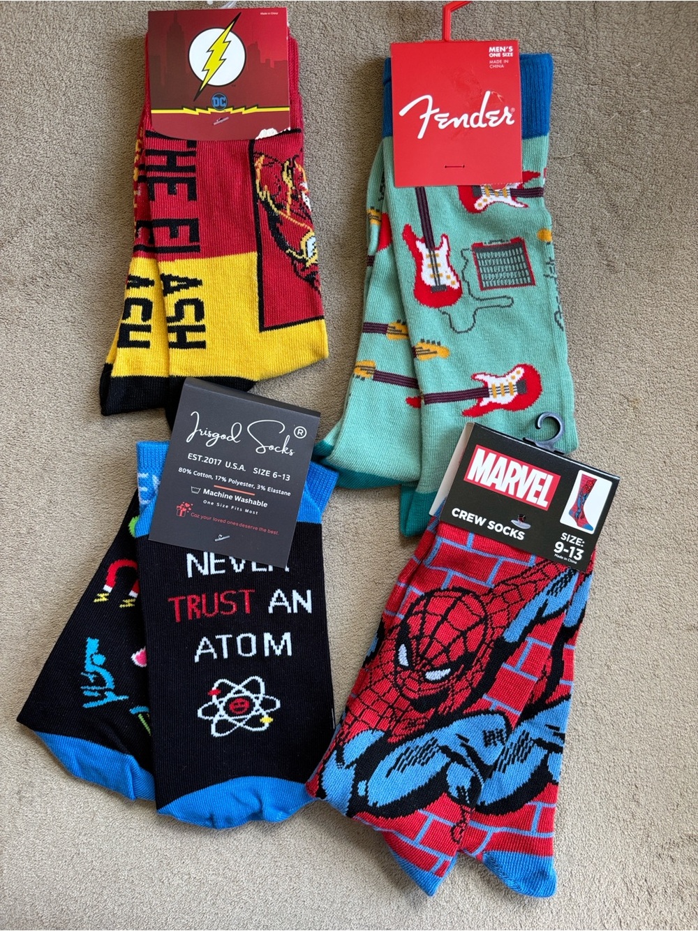 4 Pairs of Men's Casual Crew Socks Marvel Spiderman The Flash Fender Guitar